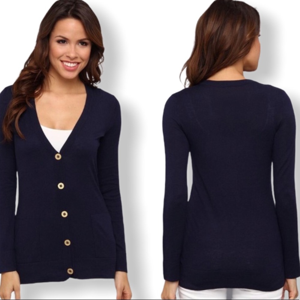 Lilly Pulitzer V-Neck Heidi Gold Button Front Lightweight Cardigan In Navy Blue